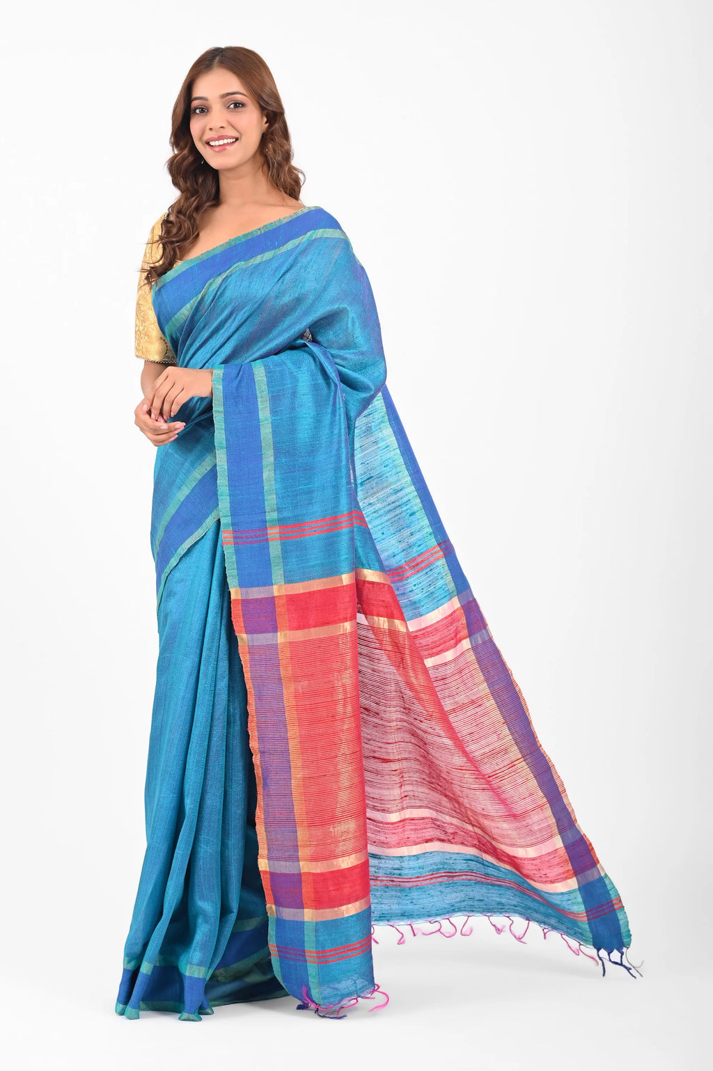 BLUE DUPION SILK SAREE WITH RED AANCHAL - Hand - woven