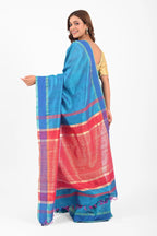 BLUE DUPION SILK SAREE WITH RED AANCHAL - Hand - woven