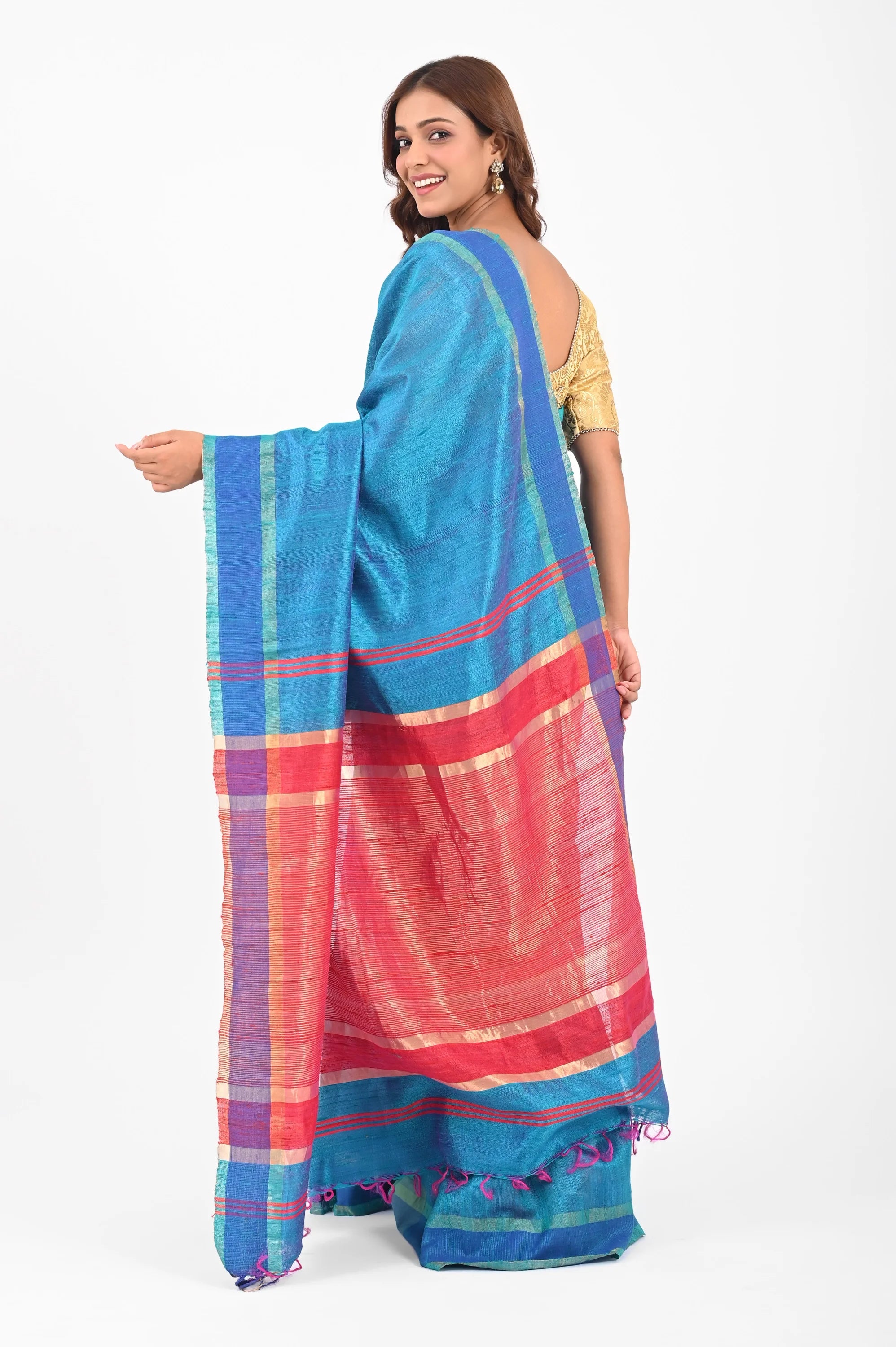 BLUE DUPION SILK SAREE WITH RED AANCHAL - Hand - woven