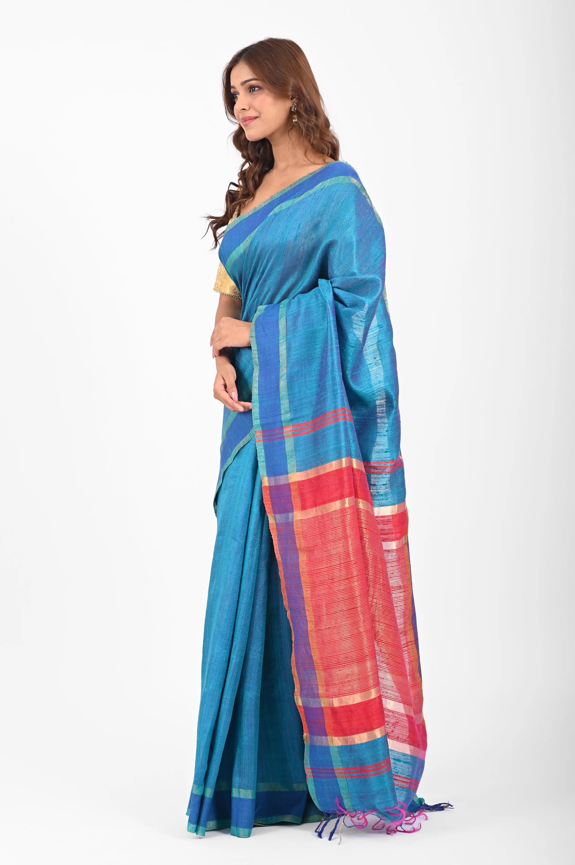 BLUE DUPION SILK SAREE WITH RED AANCHAL - Hand - woven