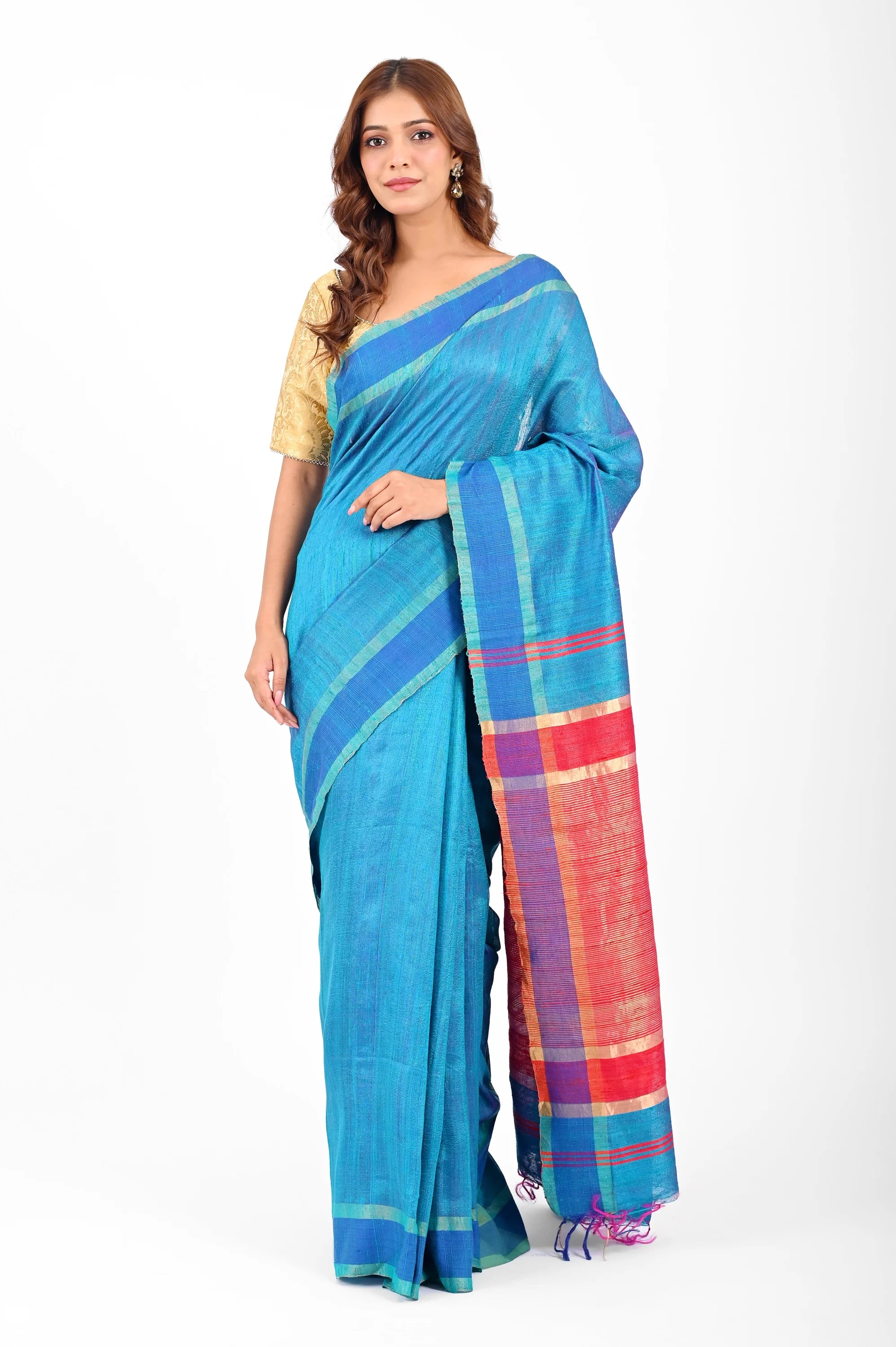 BLUE DUPION SILK SAREE WITH RED AANCHAL - Hand - woven