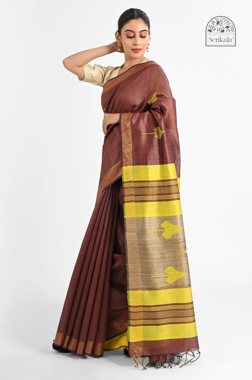BROWN ERI SILK SAREE WITH YELLOW TUSSAR PALLU - Hand - woven