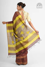 BROWN ERI SILK SAREE WITH YELLOW TUSSAR PALLU - Hand - woven