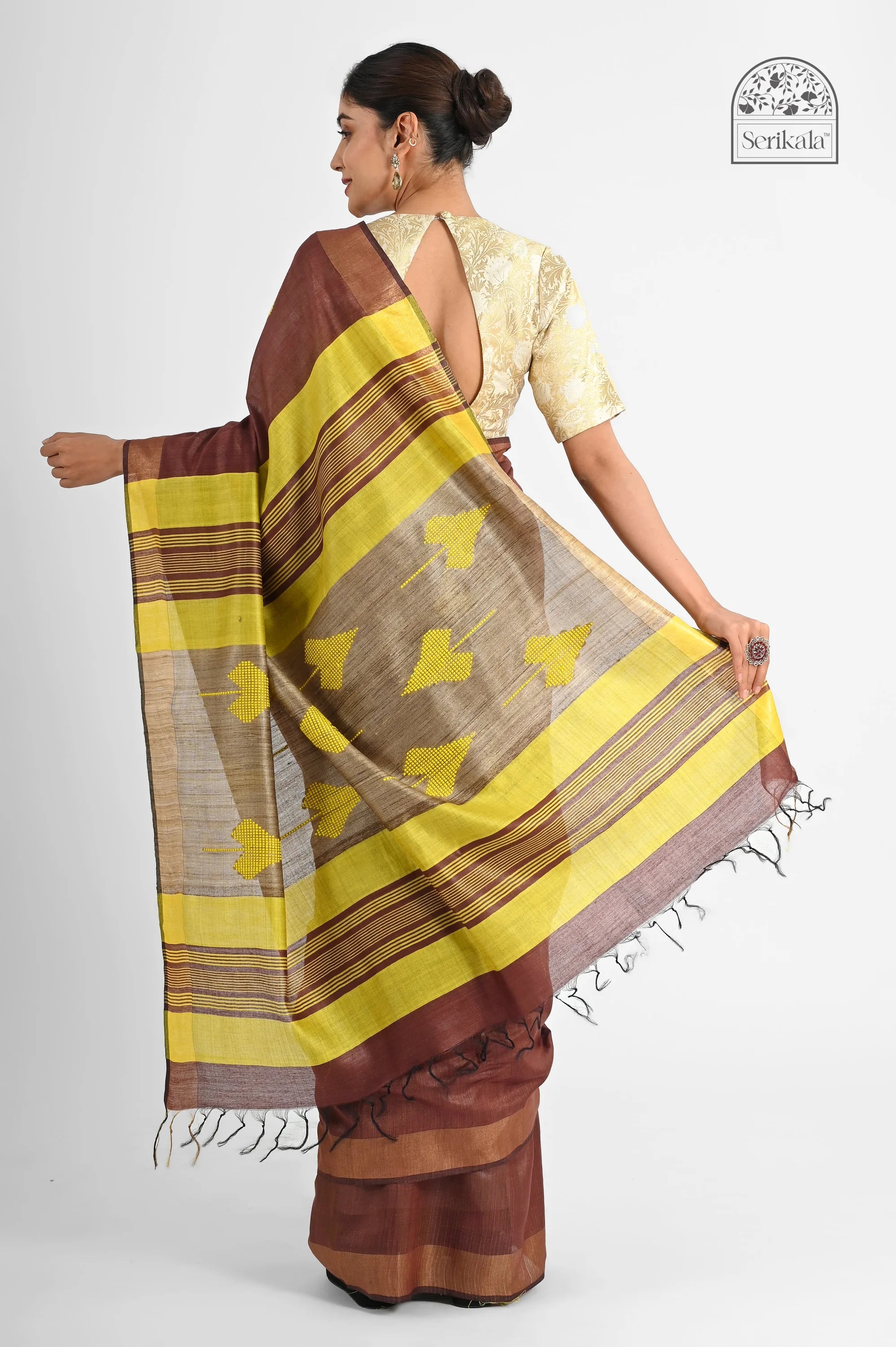 BROWN ERI SILK SAREE WITH YELLOW TUSSAR PALLU - Hand - woven