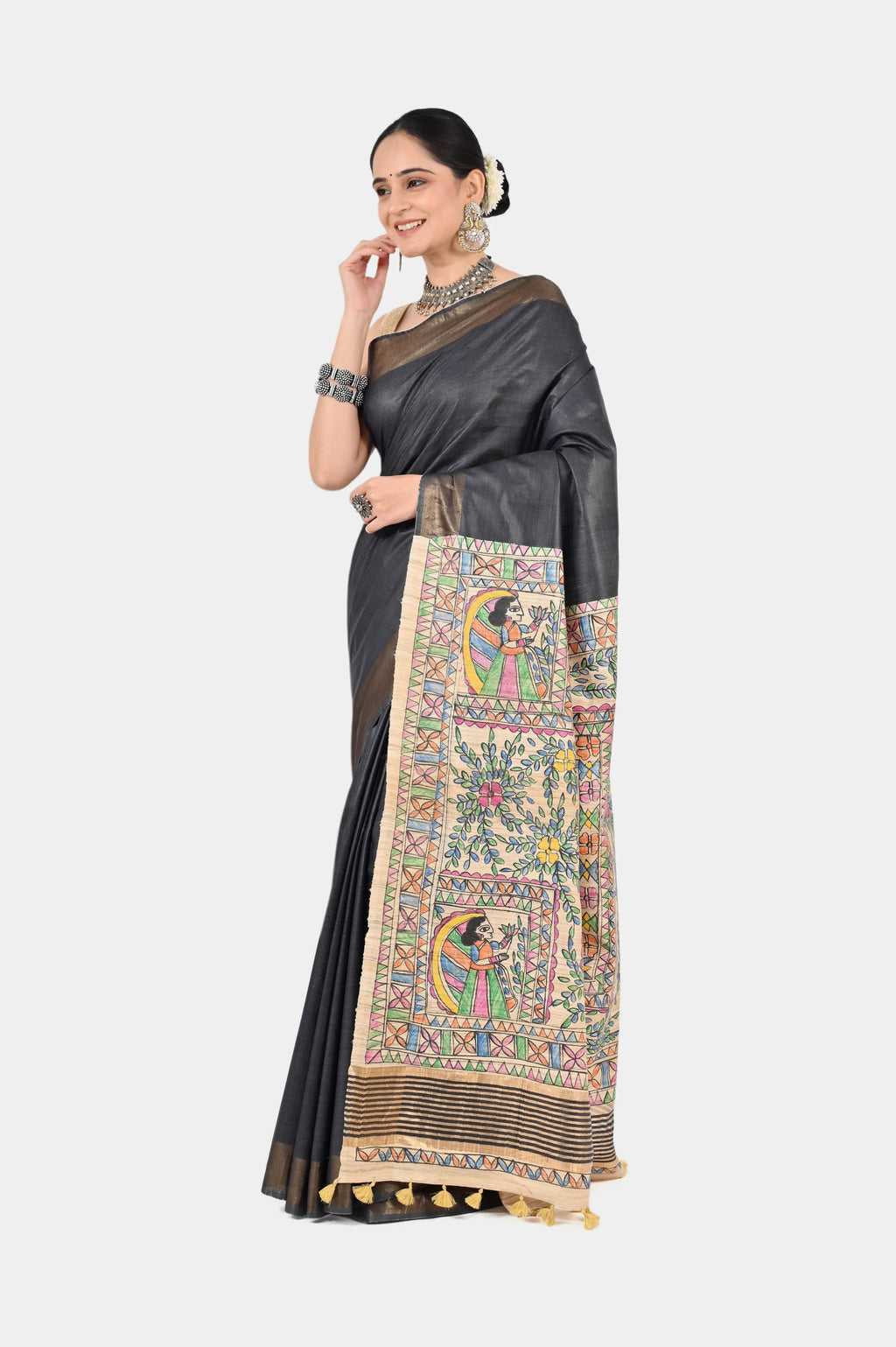 CHARCOAL GREY ERI SILK SAREE - Hand - Painted