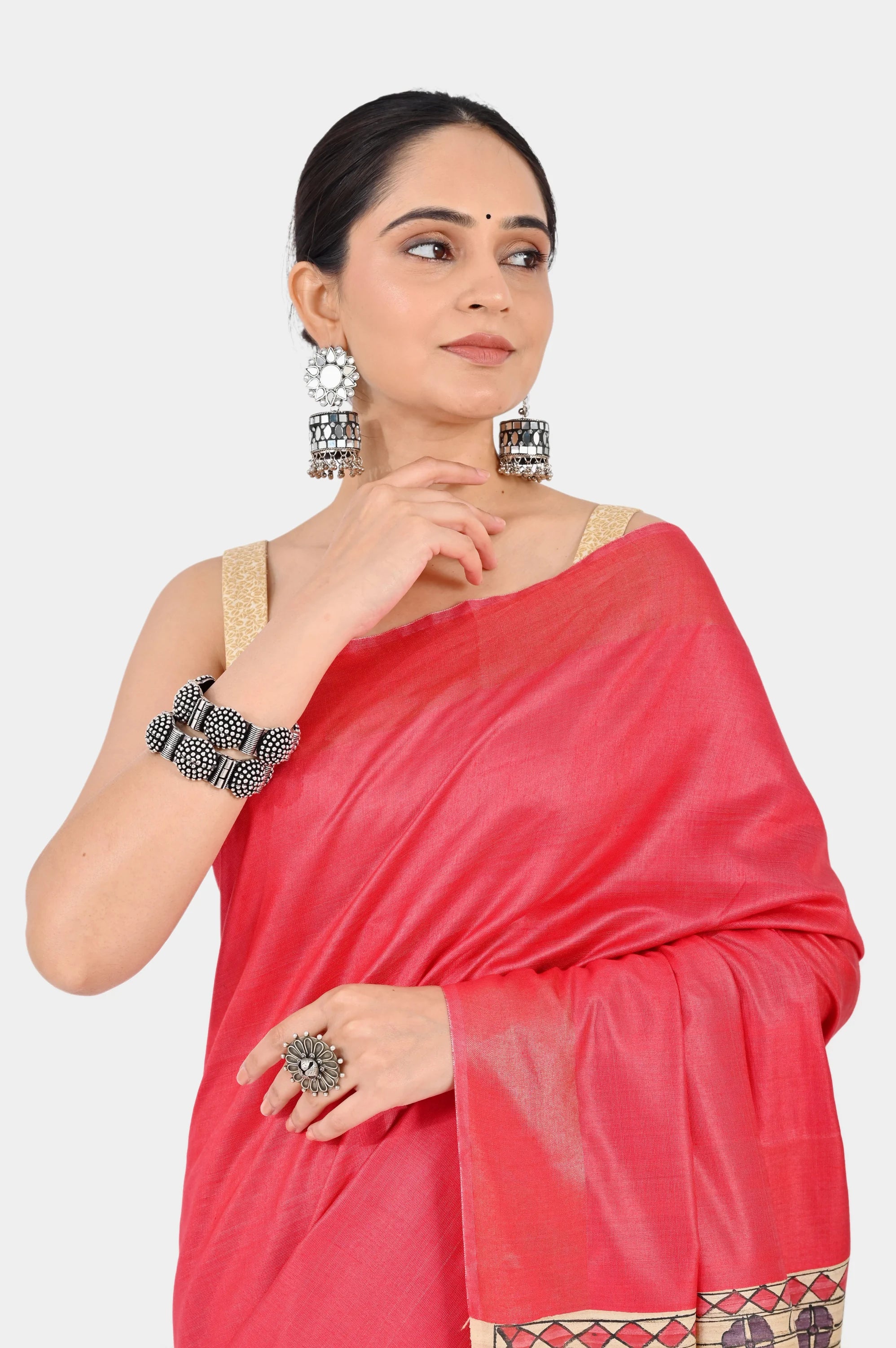 CORAL PINK ERI SILK SAREE - Hand - woven