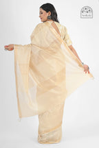 CREAM MUGA SILK SAREE WITH GOLD ZARI STRIPES - Hand - woven