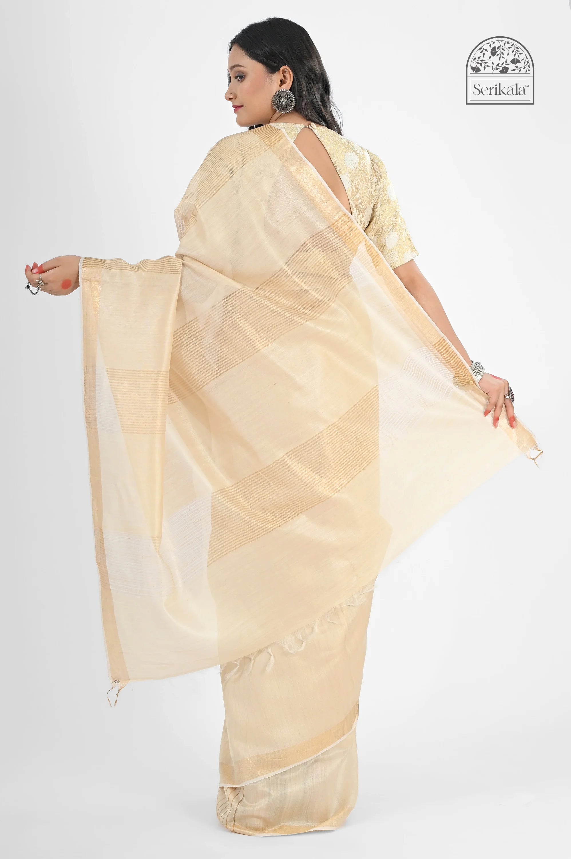 CREAM MUGA SILK SAREE WITH GOLD ZARI STRIPES - Hand - woven