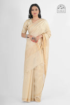 CREAM MUGA SILK SAREE WITH GOLD ZARI STRIPES - Hand - woven