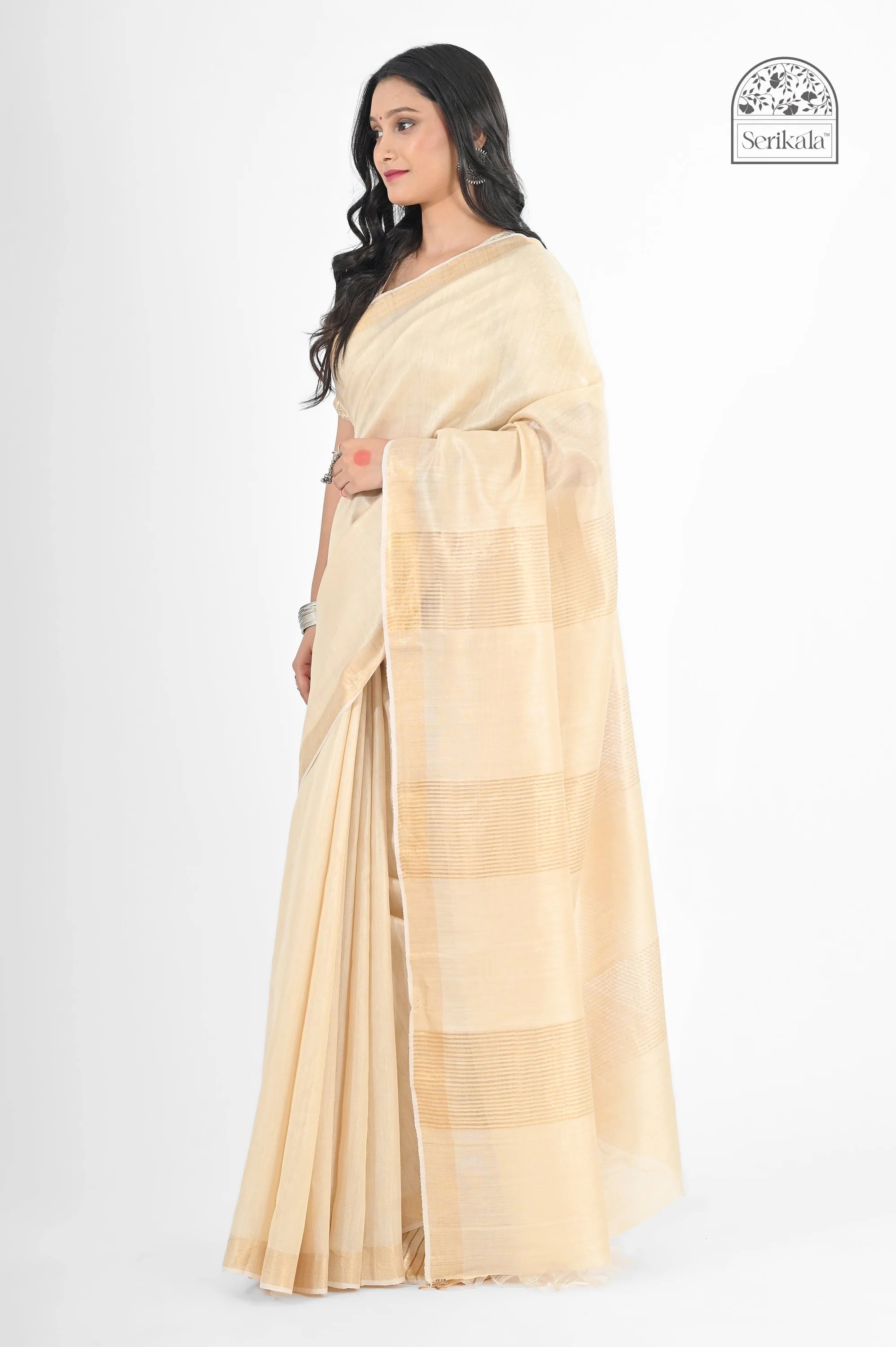 CREAM MUGA SILK SAREE WITH GOLD ZARI STRIPES - Hand - woven