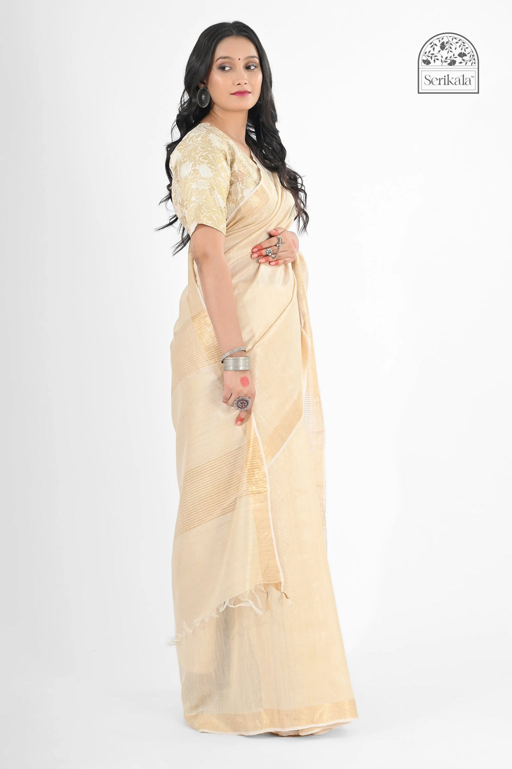 CREAM MUGA SILK SAREE WITH GOLD ZARI STRIPES - Hand - woven