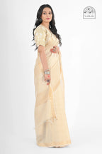 CREAM MUGA SILK SAREE WITH GOLD ZARI STRIPES - Hand - woven