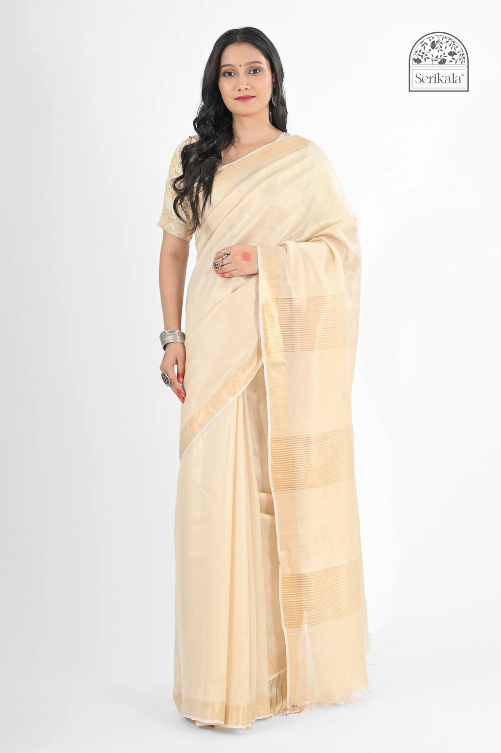 CREAM MUGA SILK SAREE WITH GOLD ZARI STRIPES - Hand - woven