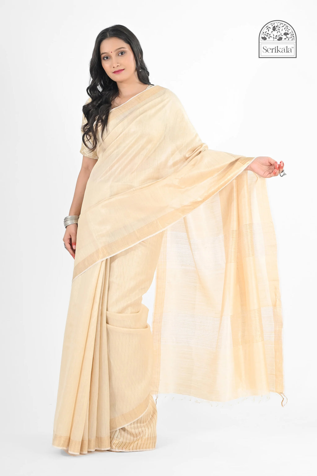 CREAM MUGA SILK SAREE WITH GOLD ZARI STRIPES - Hand - woven