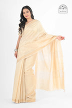 CREAM MUGA SILK SAREE WITH GOLD ZARI STRIPES - Hand - woven