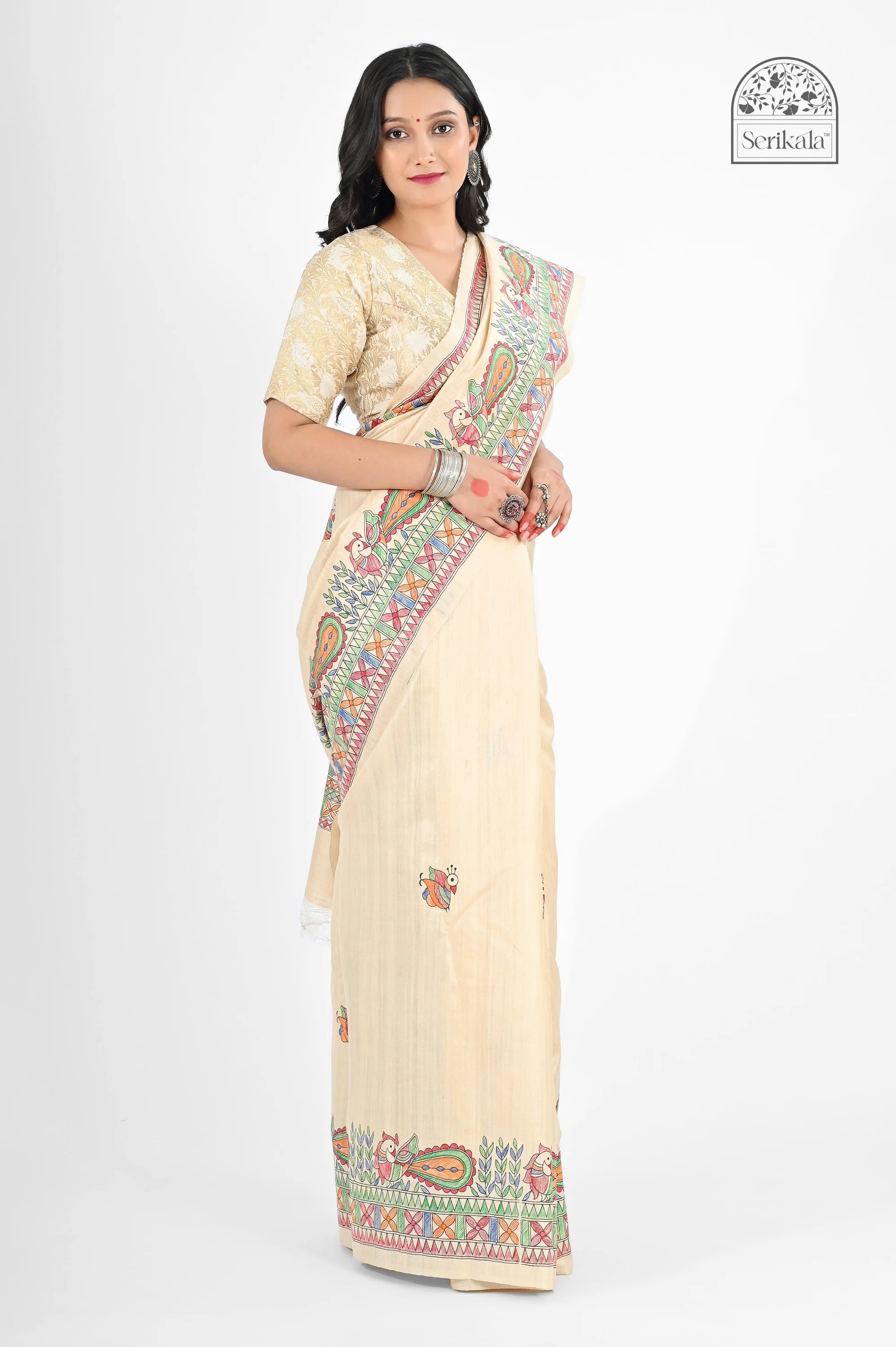 CREAM MUGA SILK SAREE WITH MADHUBANI ART - Hand - Painted