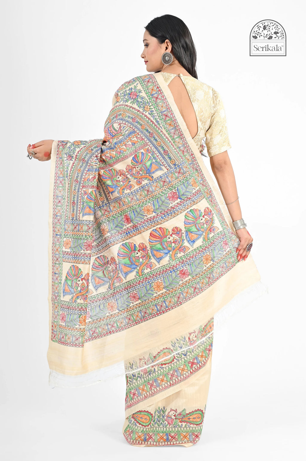 CREAM MUGA SILK SAREE WITH MADHUBANI ART - Hand - Painted