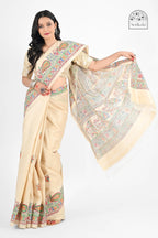 CREAM MUGA SILK SAREE WITH MADHUBANI ART - Hand - Painted