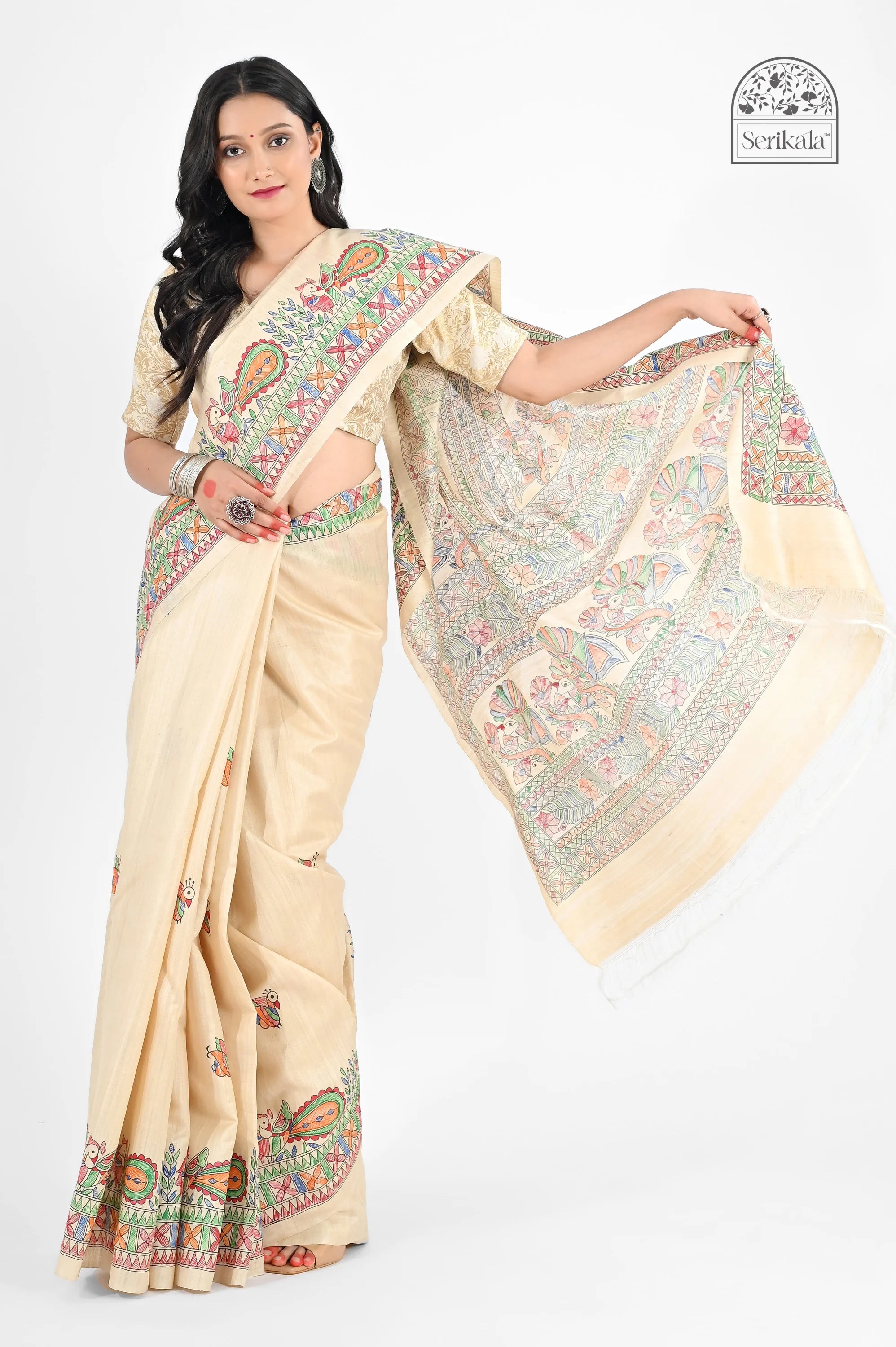 CREAM MUGA SILK SAREE WITH MADHUBANI ART - Hand - Painted