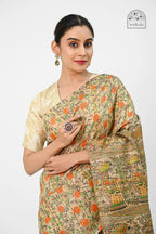 GHICHA SILK SAREE WITH MADHUBANI ART PRINT - Screen Print