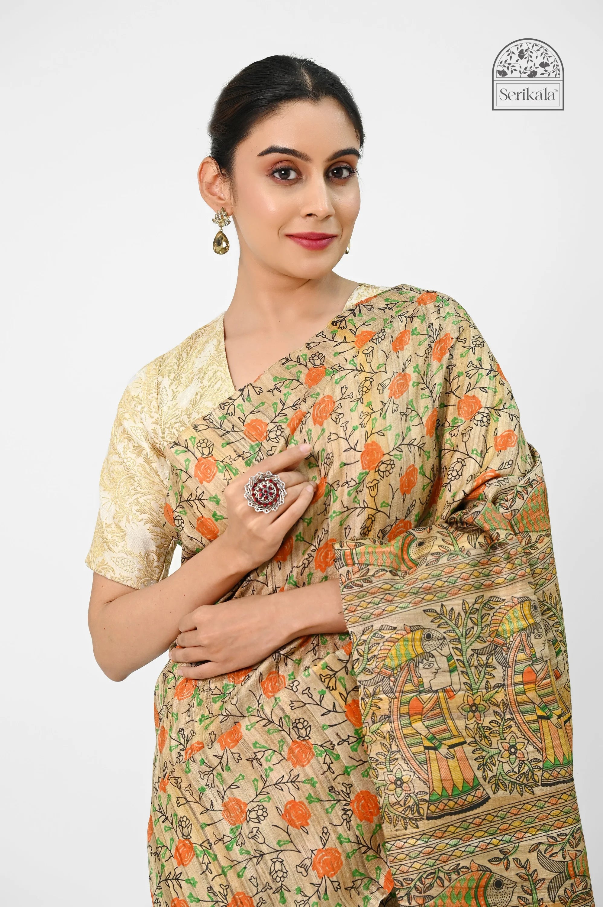 GHICHA SILK SAREE WITH MADHUBANI ART PRINT - Screen Print
