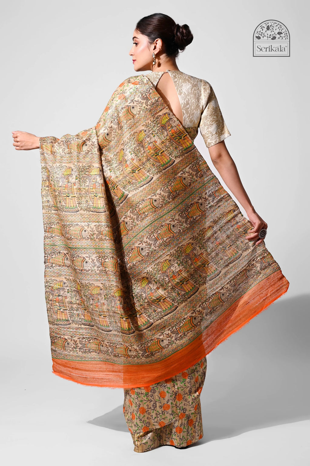 GHICHA SILK SAREE WITH MADHUBANI ART PRINT - Screen Print