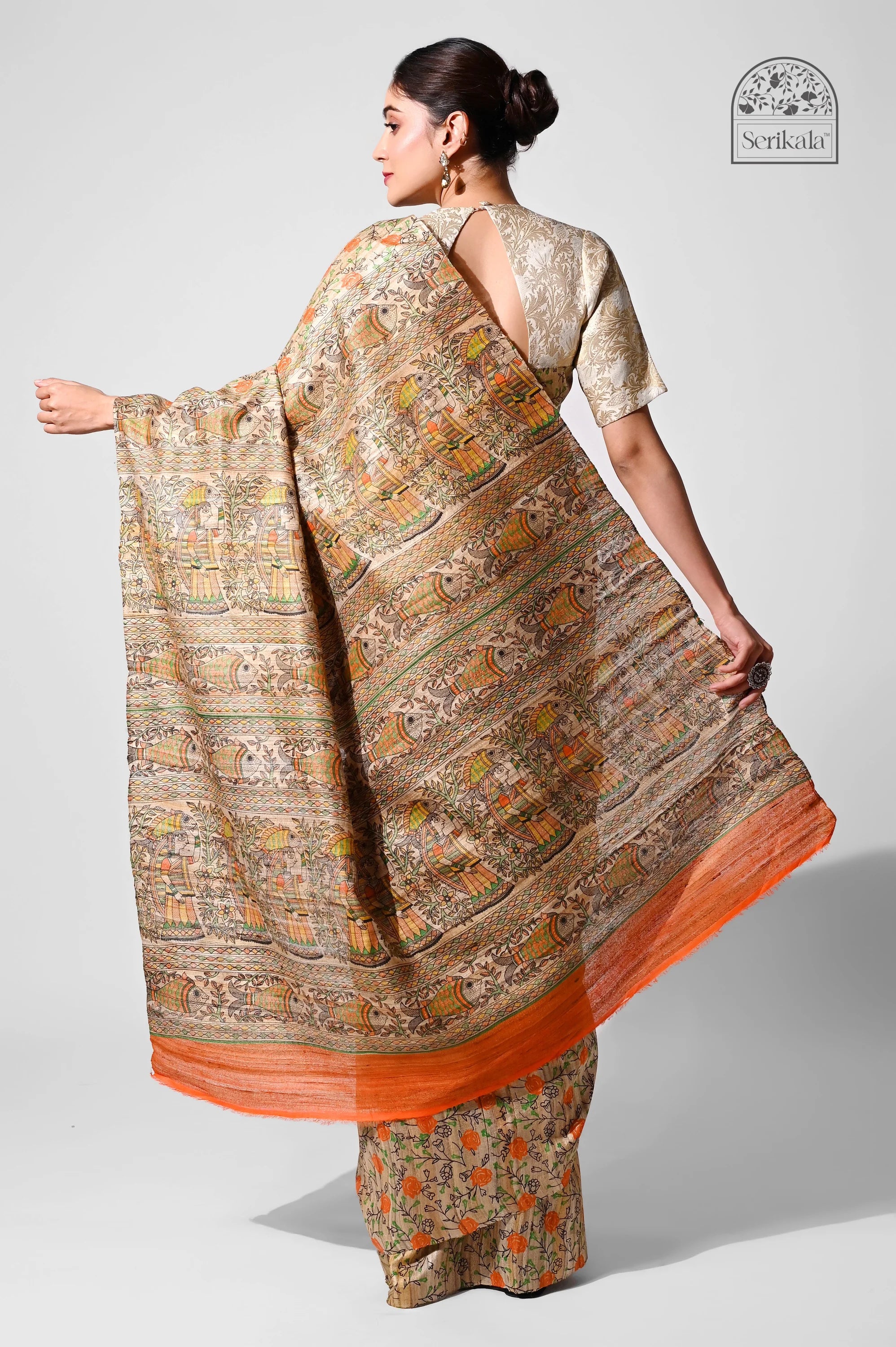 GHICHA SILK SAREE WITH MADHUBANI ART PRINT - Screen Print