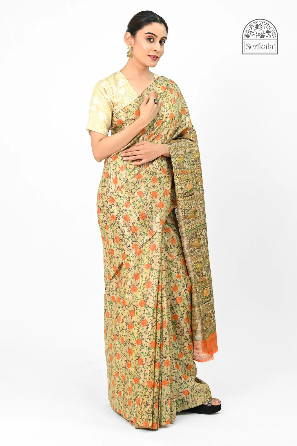 GHICHA SILK SAREE WITH MADHUBANI ART PRINT - Screen Print