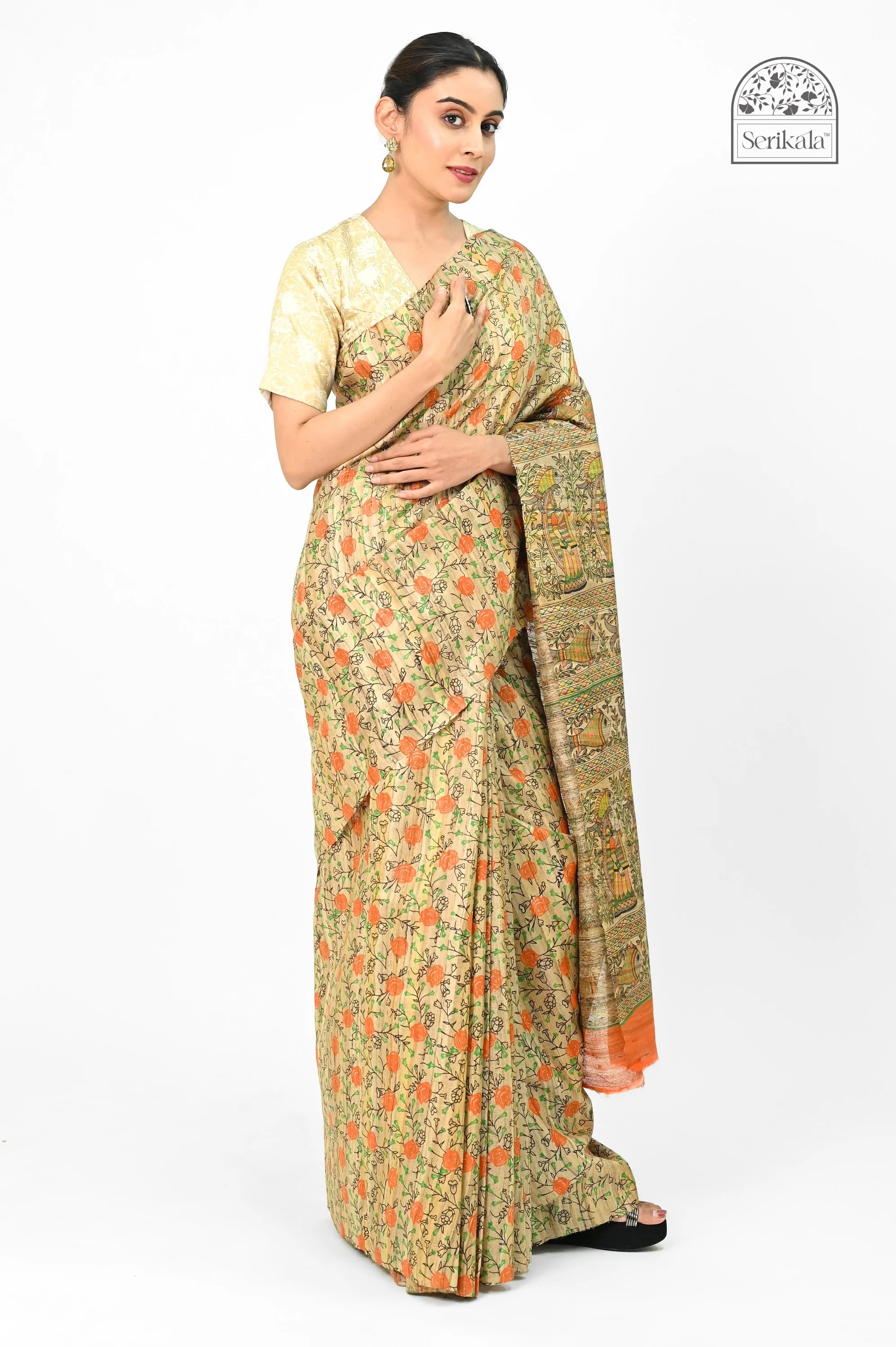 GHICHA SILK SAREE WITH MADHUBANI ART PRINT - Screen Print