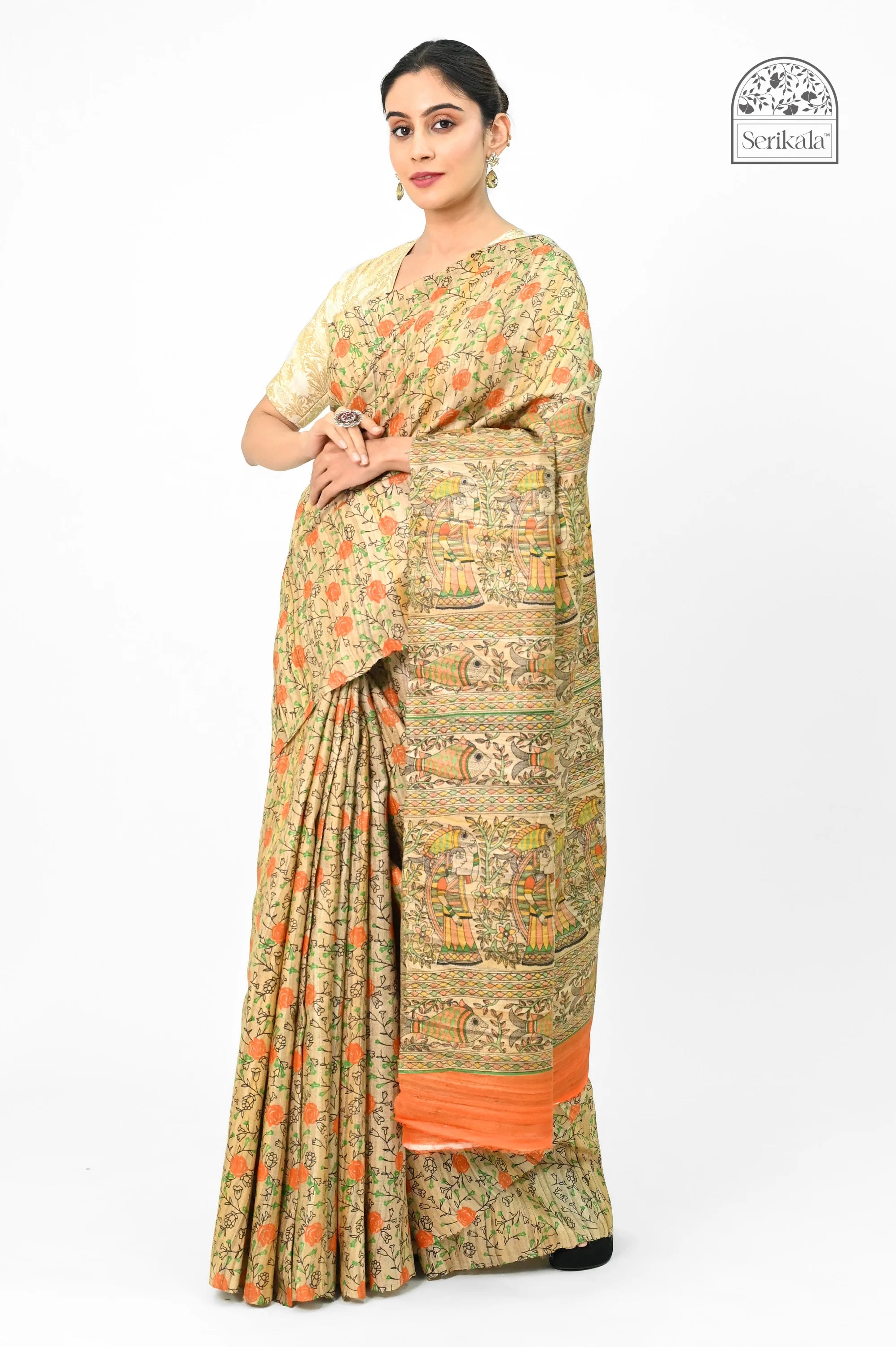GHICHA SILK SAREE WITH MADHUBANI ART PRINT - Screen Print