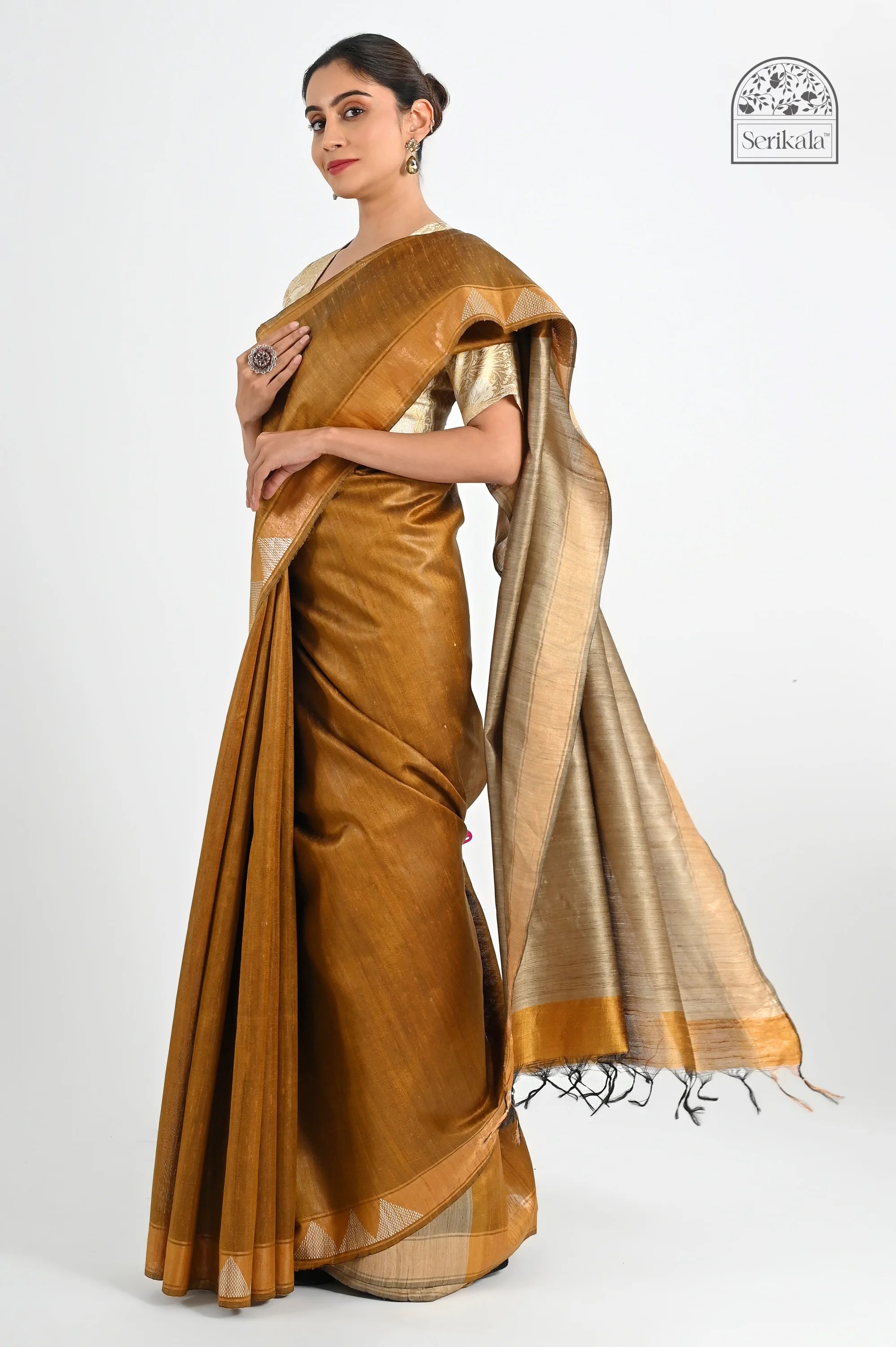 GOLDEN MUSTARD DUPION SILK SAREE WITH BEIGE PALLU - Hand - woven