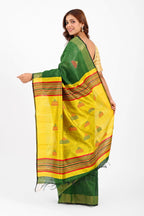 GREEN DUPION SILK SAREE WITH YELLOW AANCHAL - Dupion Silk / Green - Hand - woven