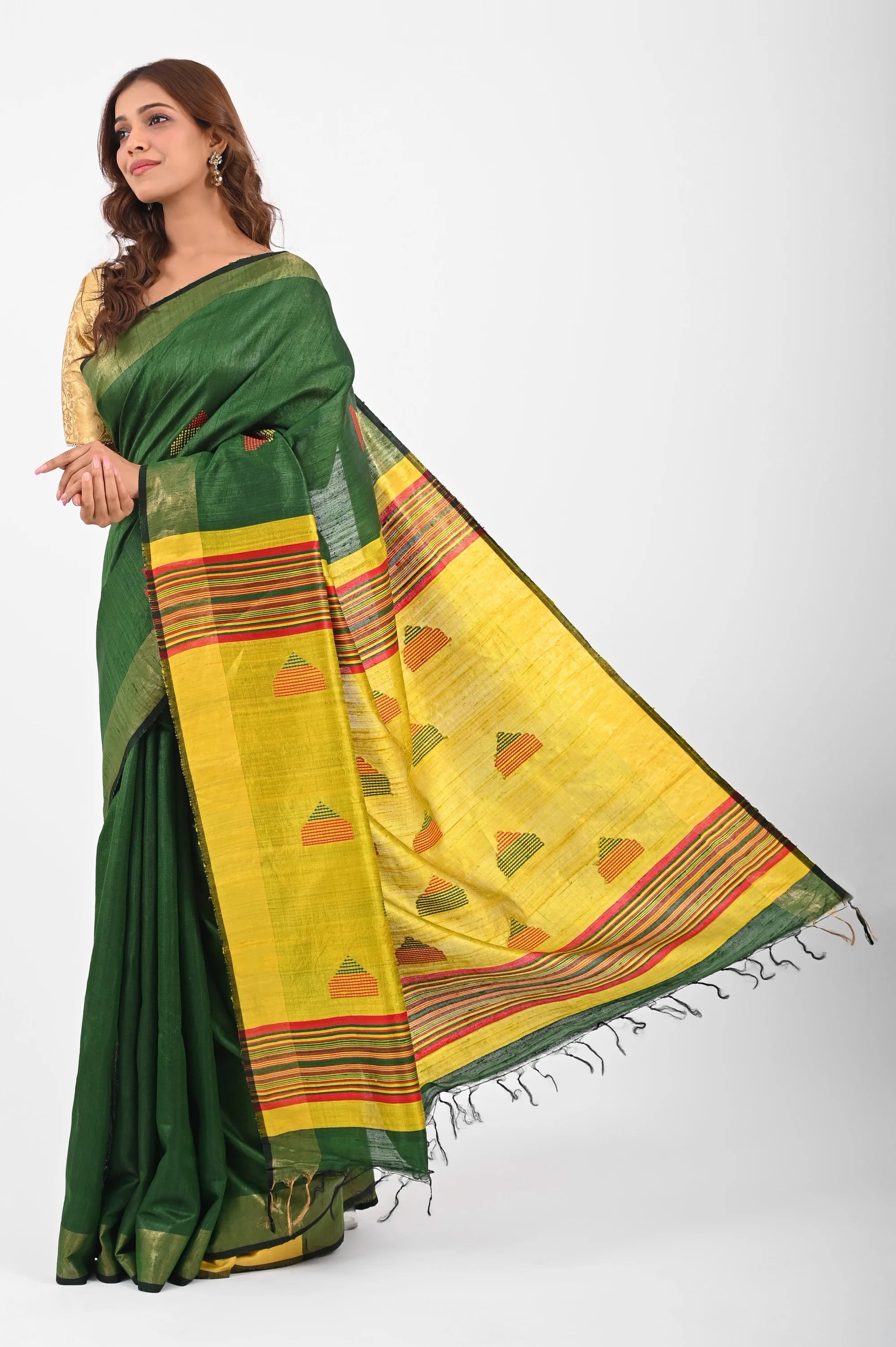 GREEN DUPION SILK SAREE WITH YELLOW AANCHAL - Dupion Silk / Green - Hand - woven