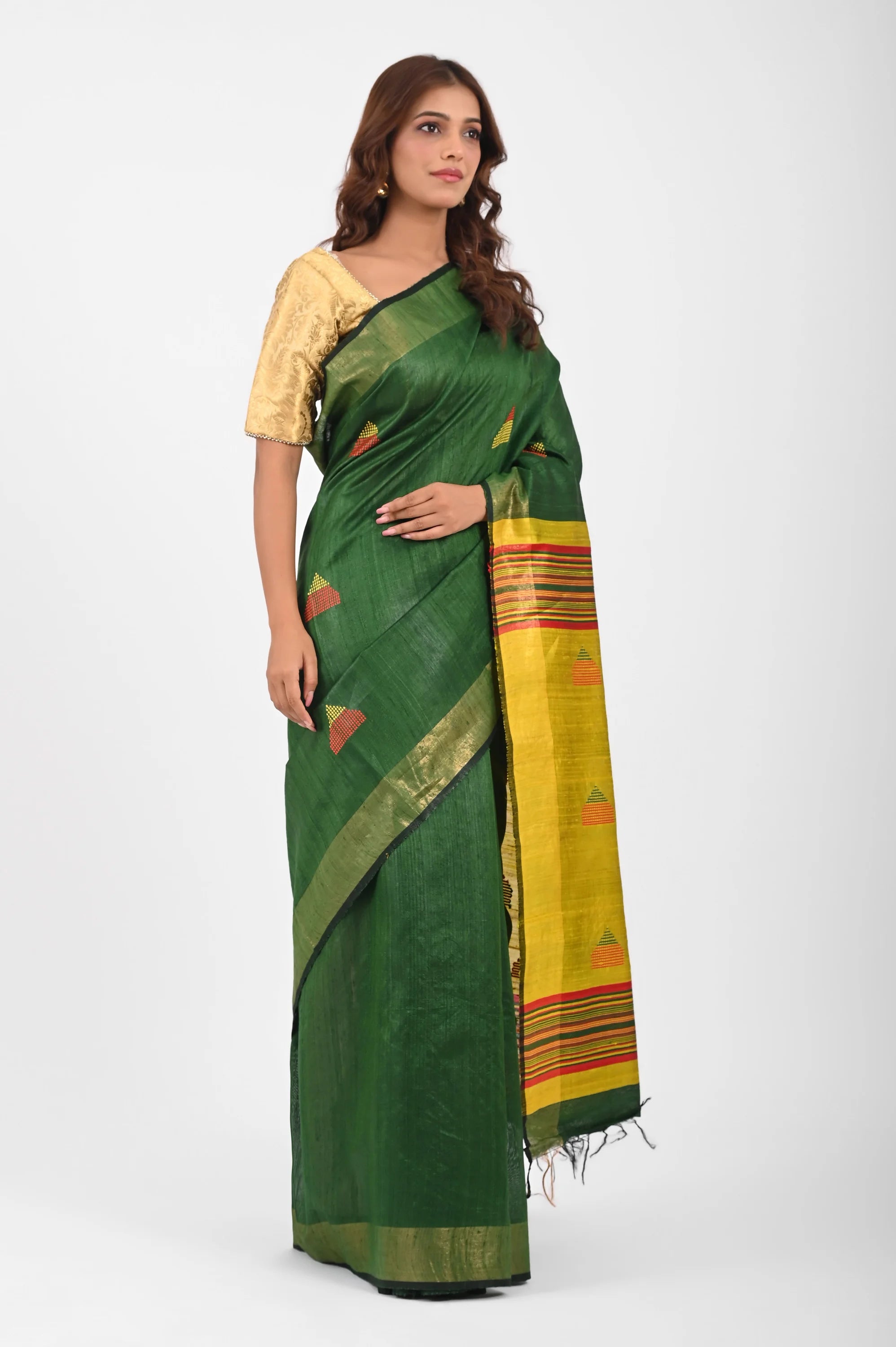 GREEN DUPION SILK SAREE WITH YELLOW AANCHAL - Dupion Silk / Green - Hand - woven
