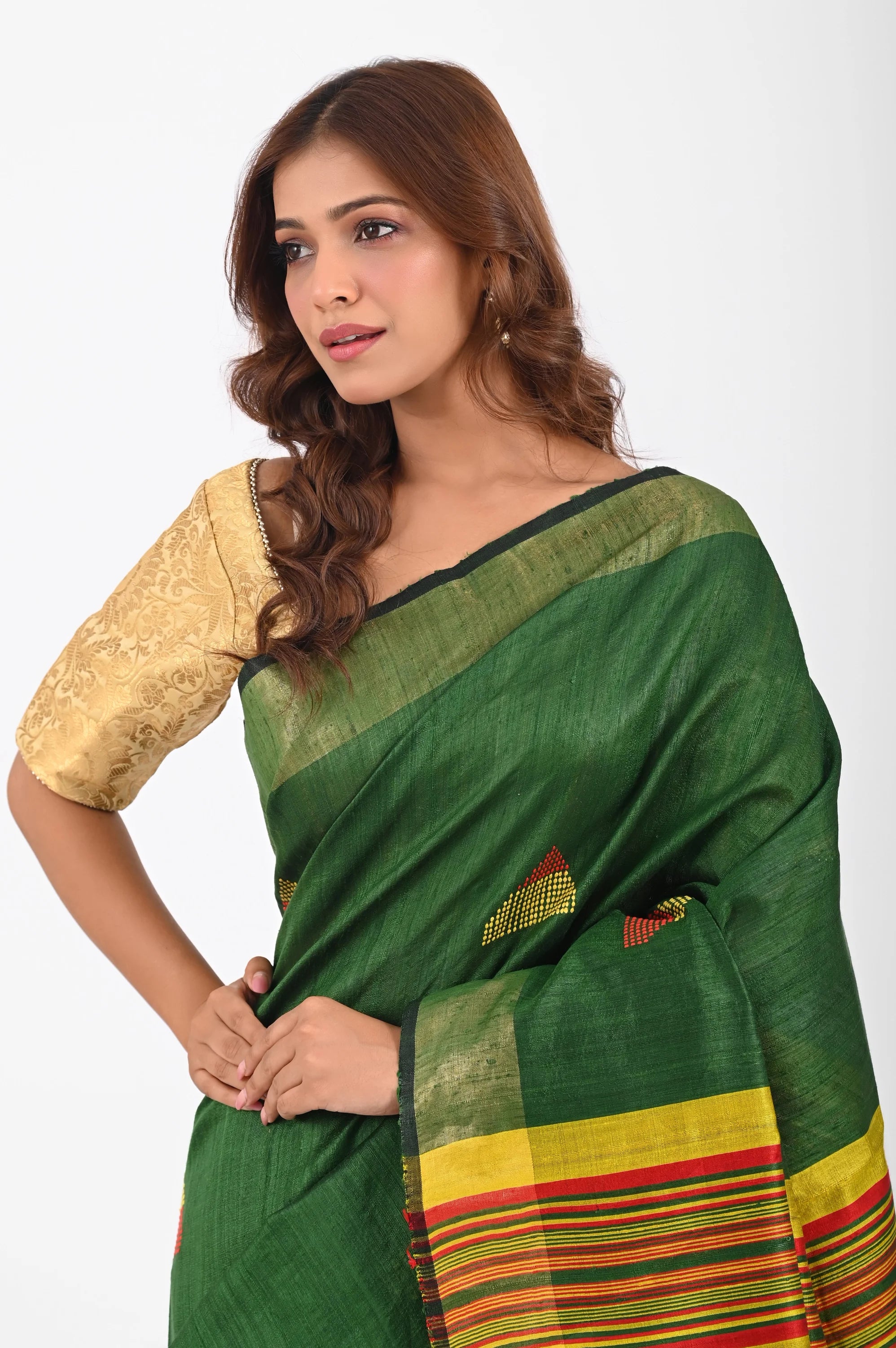 GREEN DUPION SILK SAREE WITH YELLOW AANCHAL - Dupion Silk / Green - Hand - woven
