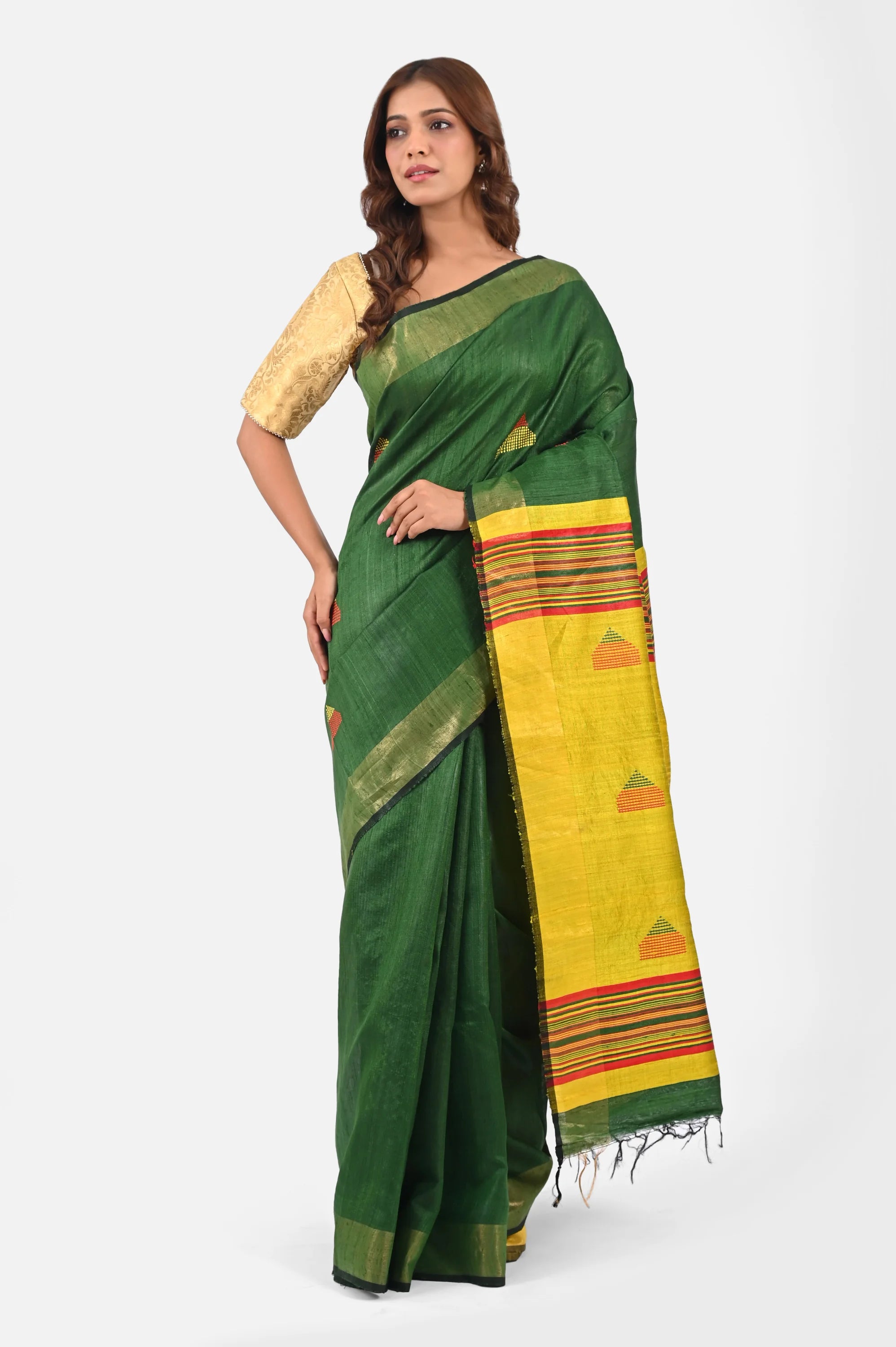 GREEN DUPION SILK SAREE WITH YELLOW AANCHAL - Dupion Silk / Green - Hand - woven