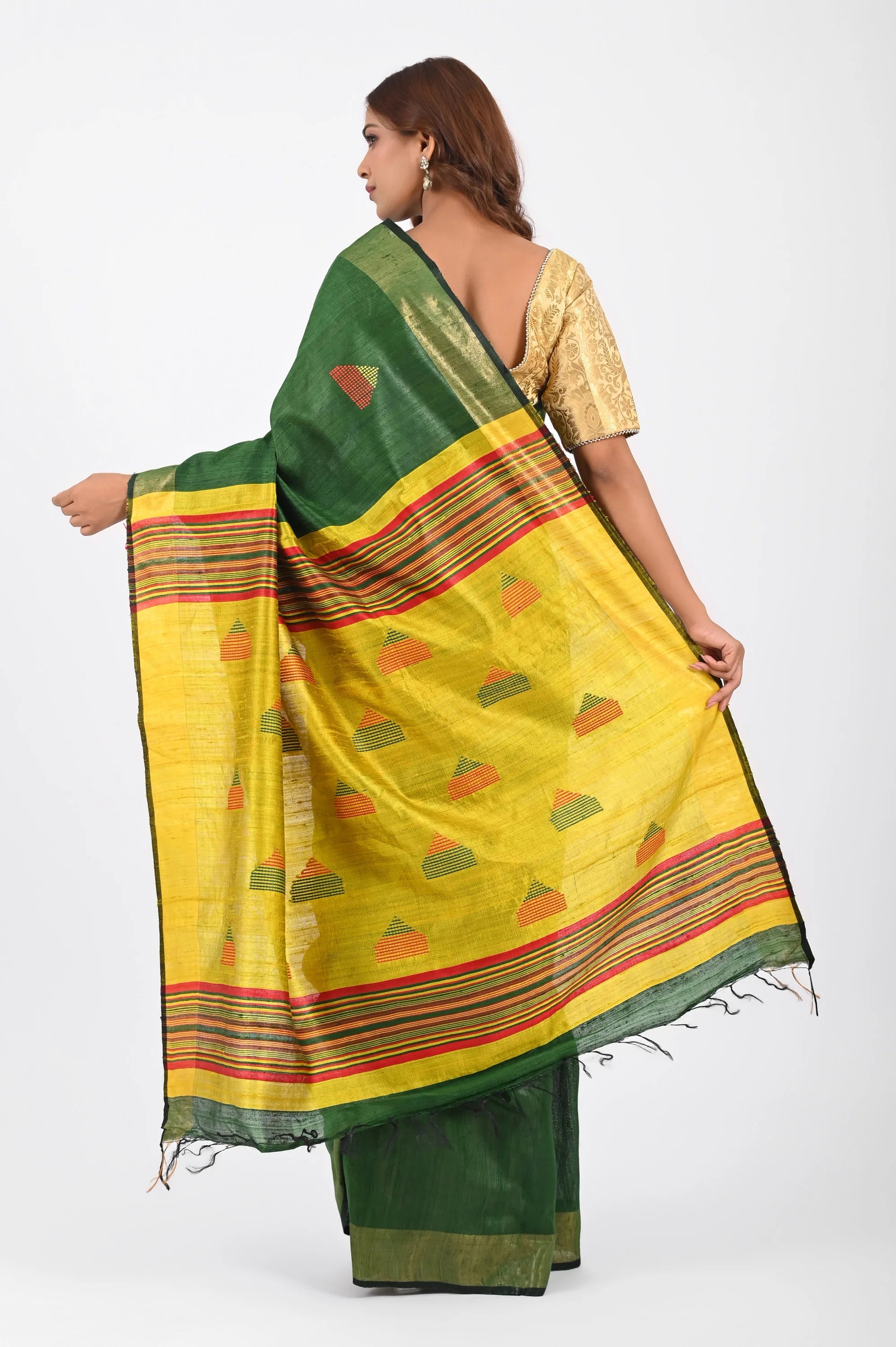 GREEN DUPION SILK SAREE WITH YELLOW AANCHAL - Dupion Silk / Green - Hand - woven