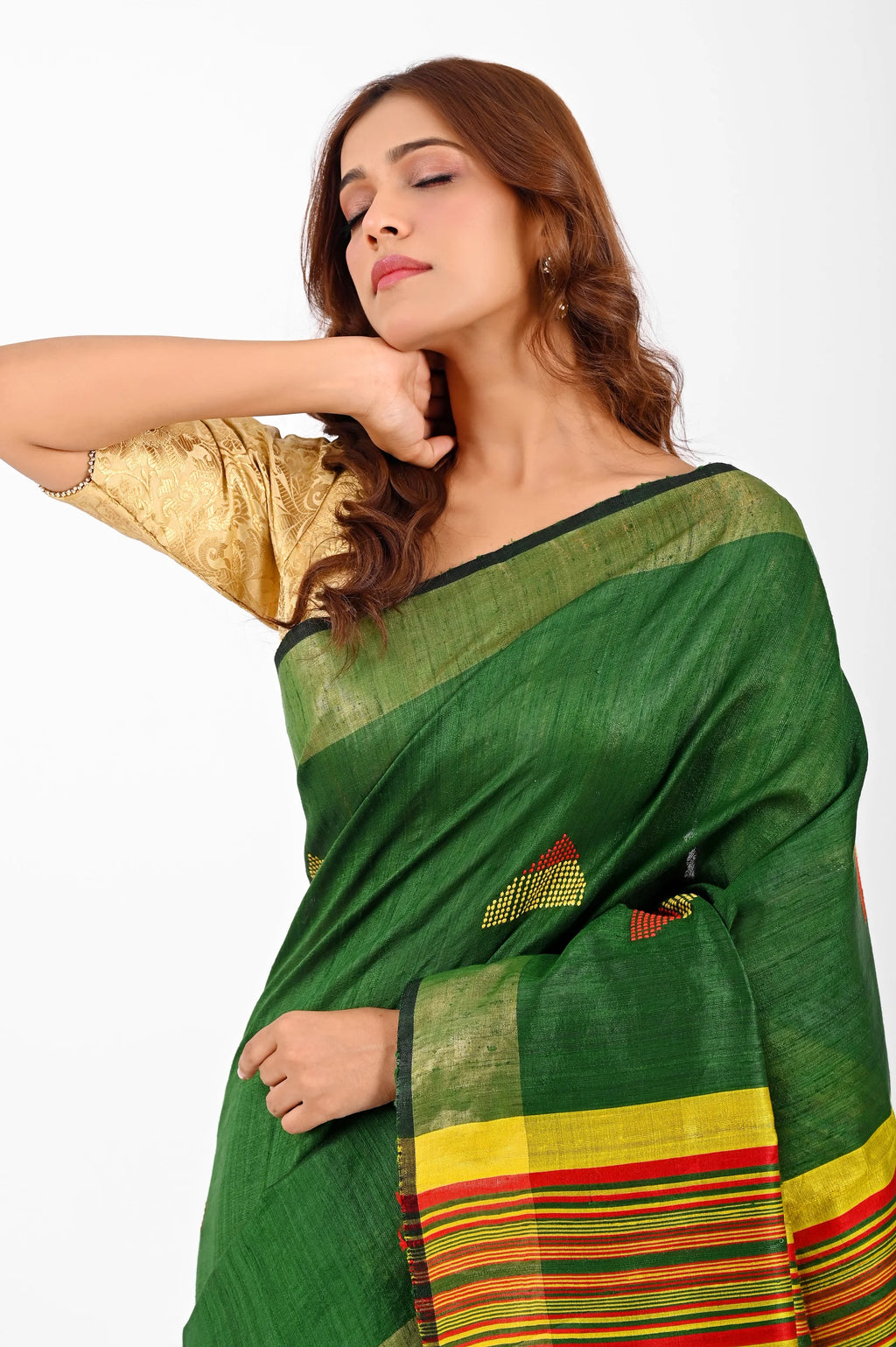 GREEN DUPION SILK SAREE WITH YELLOW AANCHAL - Dupion Silk / Green - Hand - woven