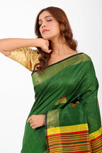 GREEN DUPION SILK SAREE WITH YELLOW AANCHAL - Dupion Silk / Green - Hand - woven