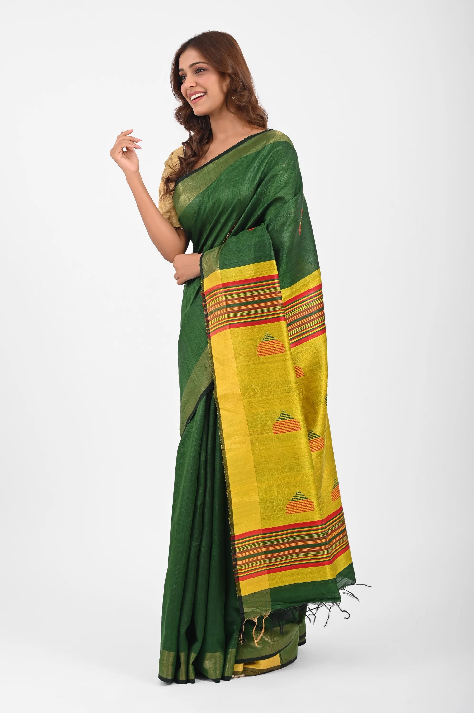 GREEN DUPION SILK SAREE WITH YELLOW AANCHAL - Dupion Silk / Green - Hand - woven