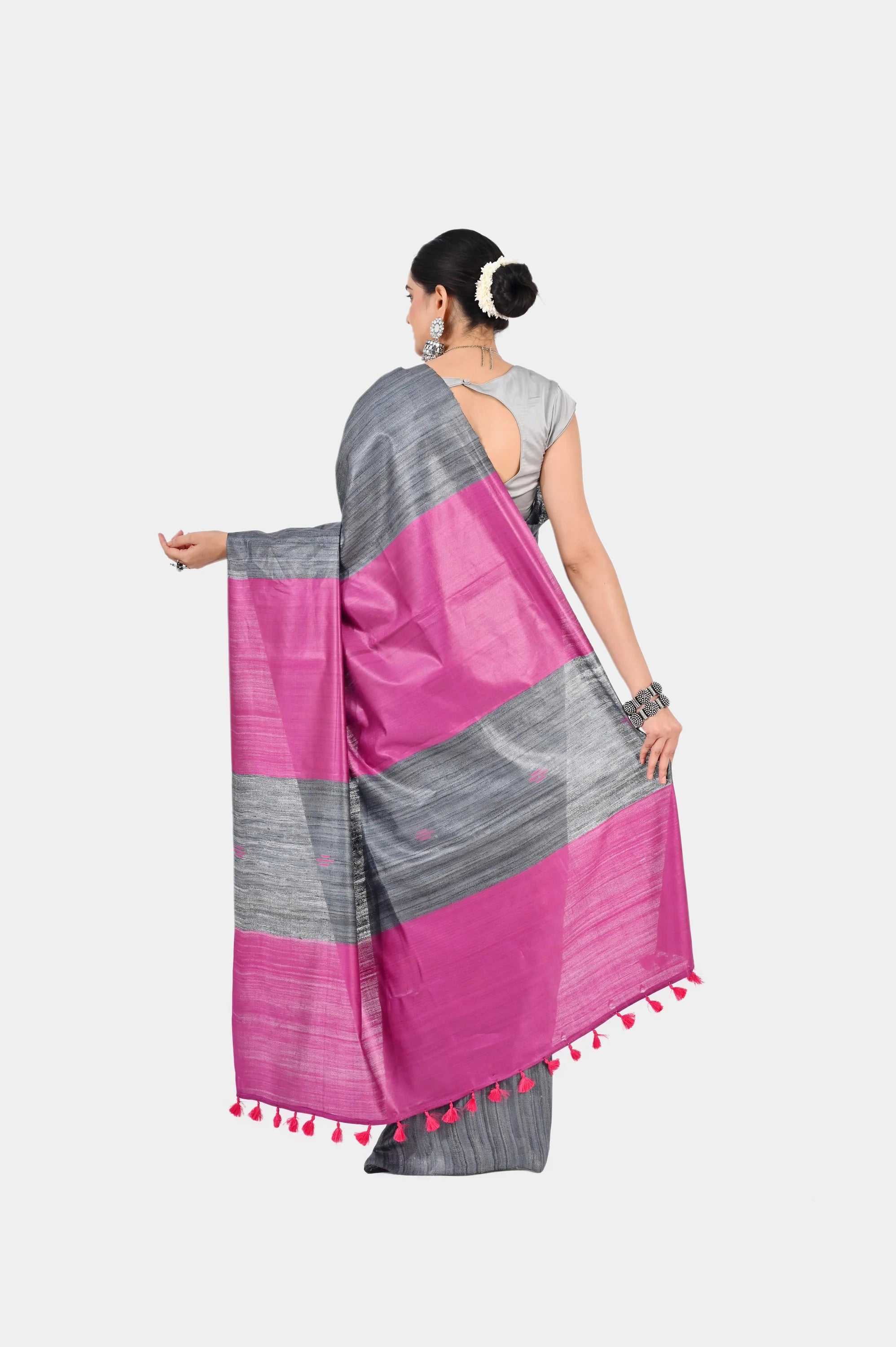 GREY PINK GHICHA SILK SAREE - Hand - woven
