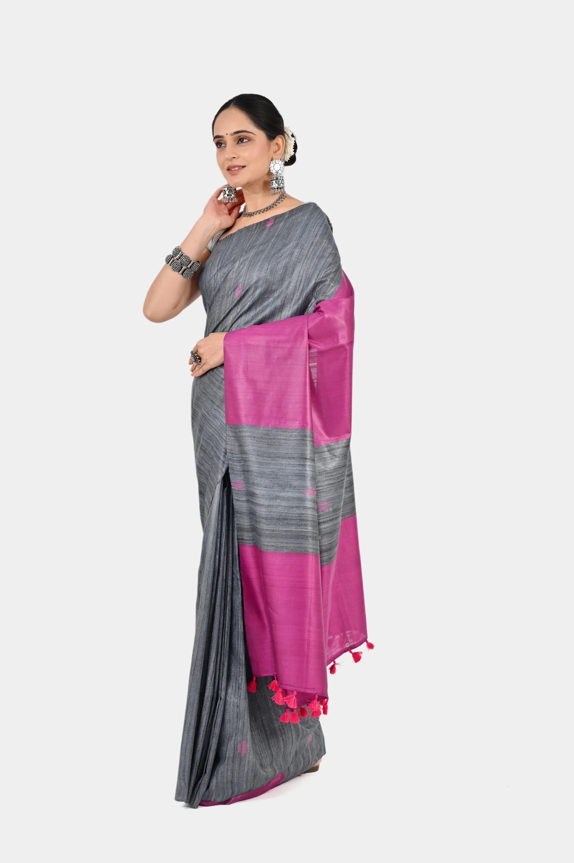GREY PINK GHICHA SILK SAREE - Hand - woven