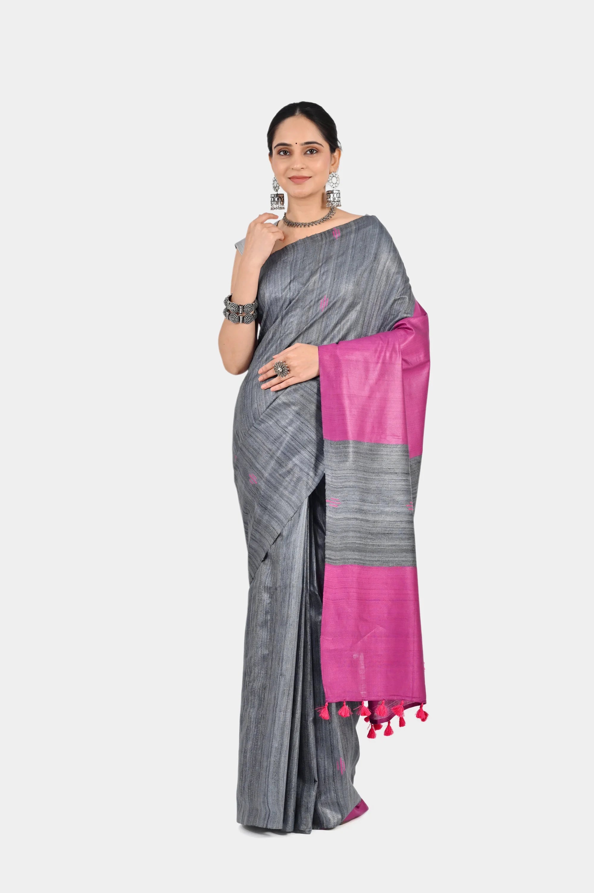 GREY PINK GHICHA SILK SAREE - Hand - woven