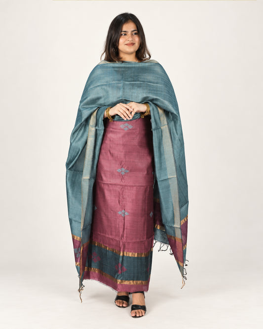 HANDWOVEN TEAL & MAUVE ERI SILK SUIT SET