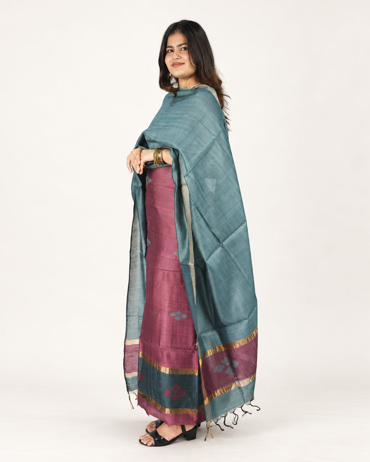 HANDWOVEN TEAL & MAUVE ERI SILK SUIT SET