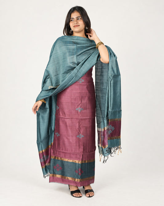 HANDWOVEN TEAL & MAUVE ERI SILK SUIT SET
