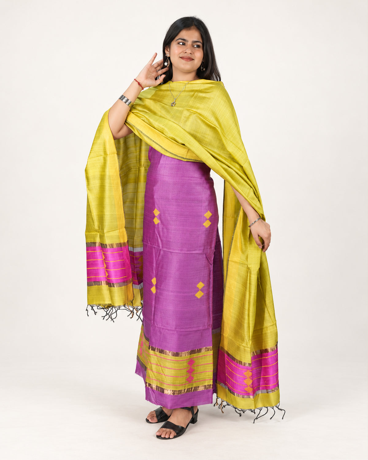HANDWOVEN LIME GREEN & MAGENTA ERI SILK SUIT SET