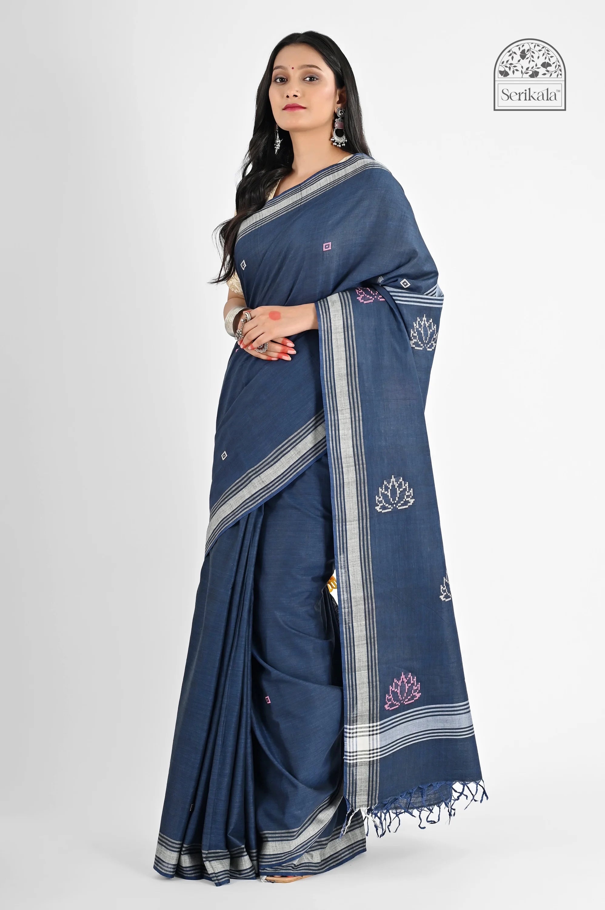 INDIGO BLUE COTTON SAREE WITH 52 BUTI WORK - Hand - woven