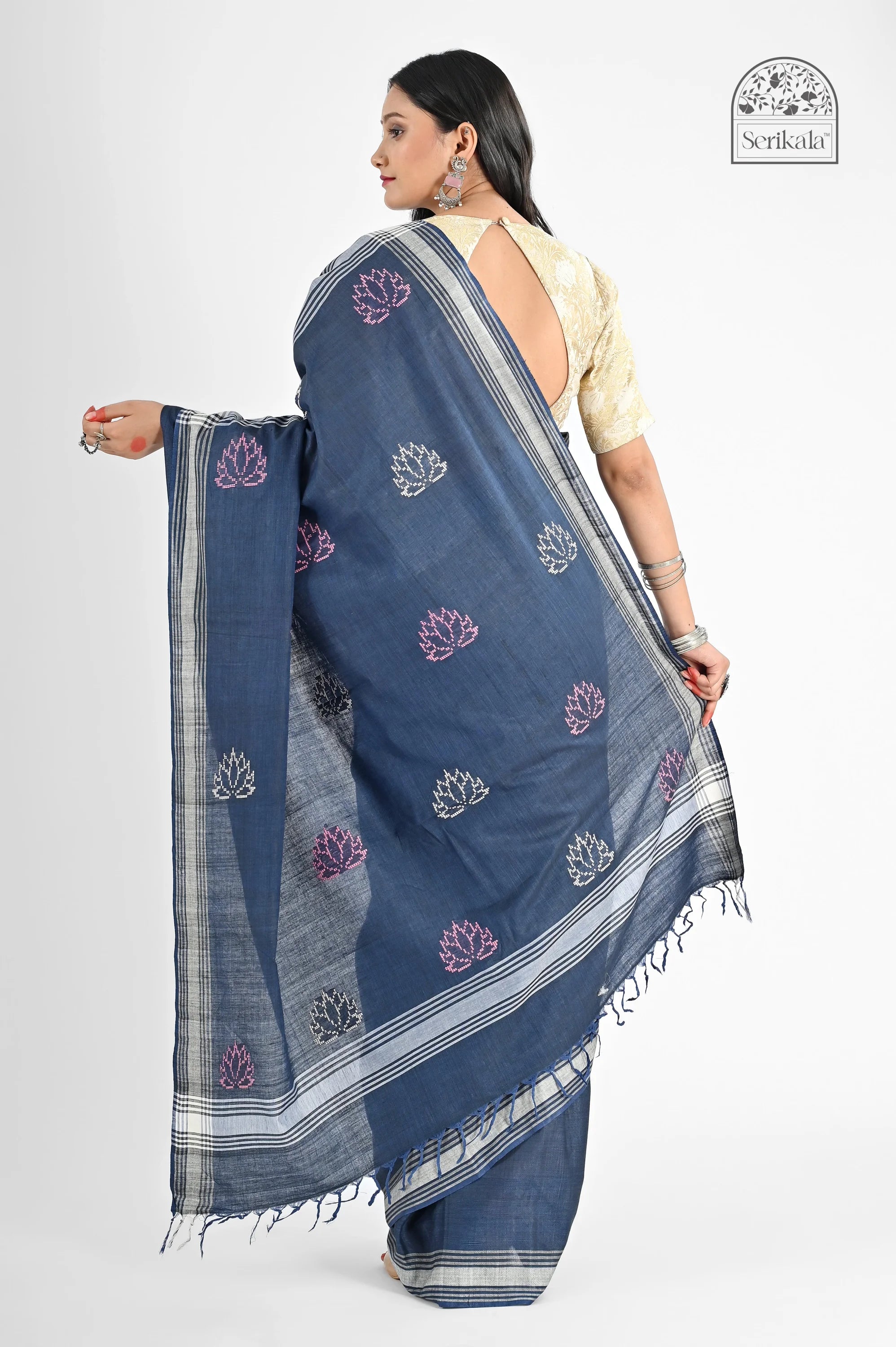 INDIGO BLUE COTTON SAREE WITH 52 BUTI WORK - Hand - woven