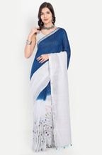 INDIGO WHITE LINEN SAREE - Embroidery